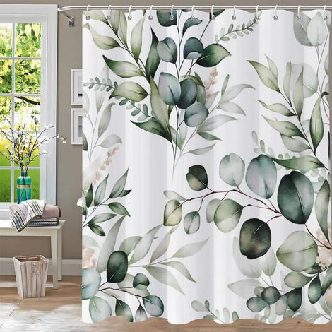 Filiyano-Rideaux de douche inodores, motif de feuilles vertes tropicales sur fond blanc, pour douches et baignoires, avec crochets, 150 x 180 cm (60 x