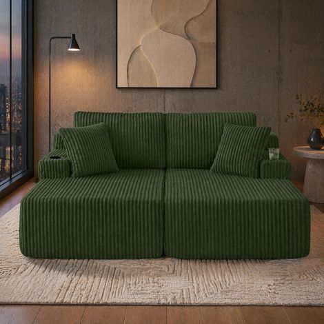 Sofá cama relax de 2 plazas de tela de pana verde con bolsillo lateral y portavasos (1/5)