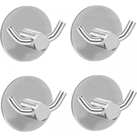Towel Hooks (45mm x 45mm), 4 Pack Self Adhesive Hooks, Wall Hooks, 304 Stainless Steel Wall Hooks, Double Towel Hooks for Bathroom and Kitchen