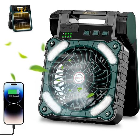 Ventilateur Solaire, Ventilateur Rechargeable 10400 mAh, Lumière LED, Minuterie, 4 Vitesses, Ventilateur Camping Extérieur