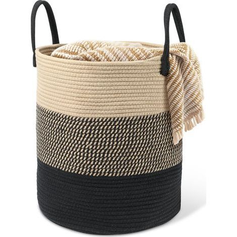 Panier à linge en coton tissé - 50 litres - Avec poignées - Panier à linge tissé - Panier de rangement pour chambre d'enfant, salle de bain - 38 x 50 cm - Beige et noir (1/5)