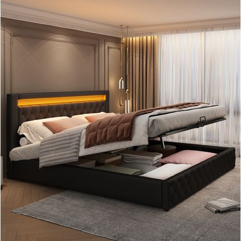 Cama tapizada 180x200 cm PU negro con LED y almacenaje, para dormitorio, sin colchón – MEUBLIV (1/5)