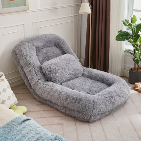 Canapé paresseux lit pour humain - 102x89x88 cm - Dossier réglable 5 positions peluche avec coussin - Gris clair (1/5)