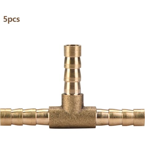 5pcs Brass T 3-Way Hose Joiner Fittings Barbed Connector Air Water Oil Gas Fuel (6mm)