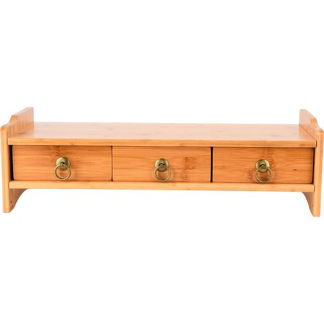 Support d'écran en bambou avec 3 tiroirs, rehausseur d'ordinateur, non absorbant, pour bureau à domicile (1/4)