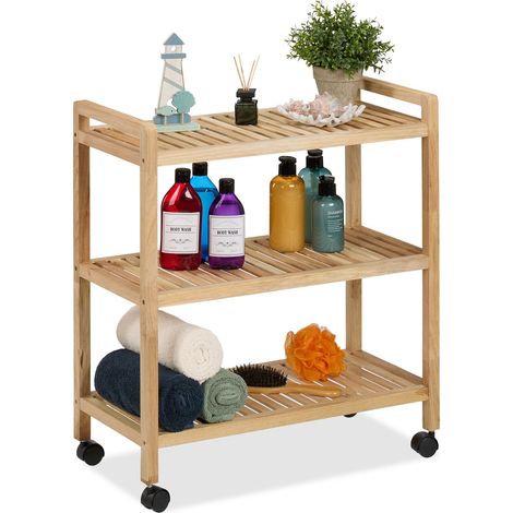 Relaxdays Estantería de Baño, Madera Nogal, 72 x 65 x 31 cm, Estante Aseo con Ruedas, 3 Baldas, Baño y Cocina, Natural