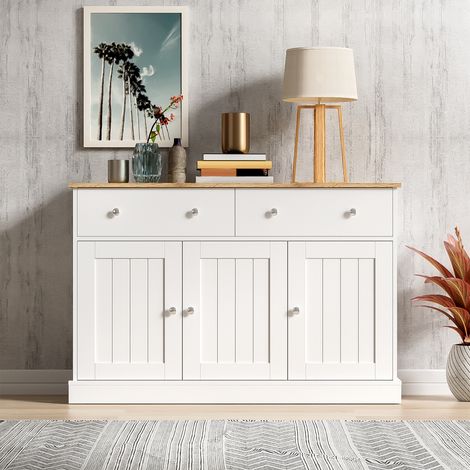Buffet Bas de Salon Blanc et Bois 120cm - Enfilade de Salle à Manger Style Campagne avec 3 Portes à Relief Rainuré, 2 Tiroirs et Poignées Argentées - 120x36x80,5cm (1/2)