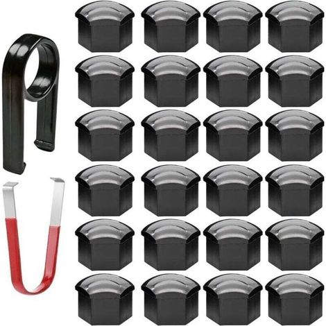 24pcs Capuchon d'écrou de Roue 17mm Capuchons d'écrou de Boulon de Roue, Cache-écrous de Pneu hexagonaux avec Ensemble d'outils de démontage pour Voitures (Noir) (1/4)
