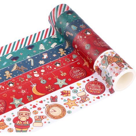 Ensemble de 6 rouleaux de ruban adhésif décoratif Washi pour Noël : idéal pour emballer vos cadeaux, décorer vos cartes de Noël et sceller vos cartes.