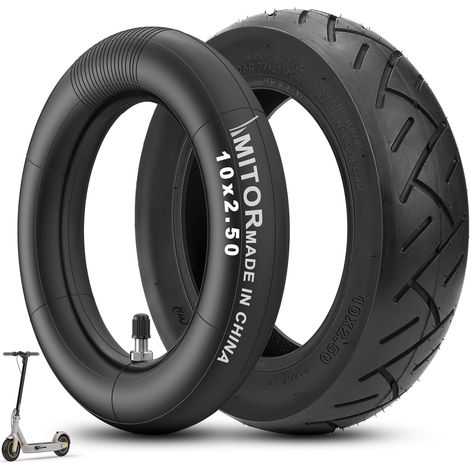 Pneu et Chambre à Air Trotinette Électrique 10x2.50 Renforcée, 10 Pouces Pneu Trotinette 60/70 avec Chambre a Air 10x2.50 Valve Argentée Droite, Haute Traction & Stabilité & Anti-Usure, 1 Set (1/5)