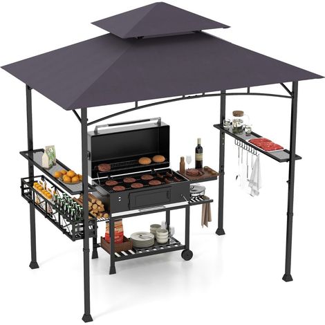 Pergola pour barbecue 242 x 153 cm avec 2 étagères latérales, abri barbecue avec cadre métallique et panier de rangement - gris foncé (1/5)
