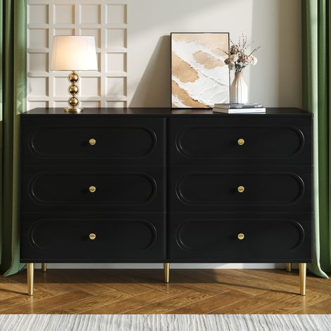 Buffet - Rangement - 120x40x75 cm - Commode 6 tiroirs, design moderne motifs ovales, pieds métalliques - Noir (1/5)