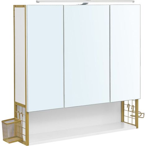 Mobiletto da bagno sospeso con specchio 70 x 14,5 x 70 cm con luce LED 3 ante ripiano regolabile portaphon stile moderno chic bianco e oro 120004037