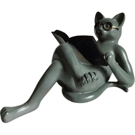 Statue Chat En Résine - Chat Assis Lisant Avec Lunettes - Décoration Intérieure Extérieure Pour Salon Bureau Jardin - 1 Pièce (1/5)