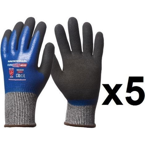 5 paires de gants HPPE double enduction nitrile tout enduit N555 EuroCut - Taille: 10