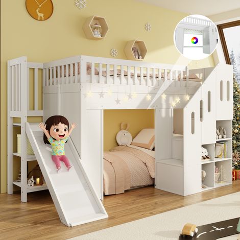 Etagenbett 90/200 cm in Weiß mit Rutsche, Stauraumtreppe und LED (1/5)