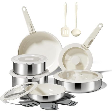 16 Piece Titanium Diamond Ceramic Non-Stick Saucepans and Pans Set with 3 Layers Stainless Steel with Removable Handle, Dishwasher, Induction Safe, Oven Safe