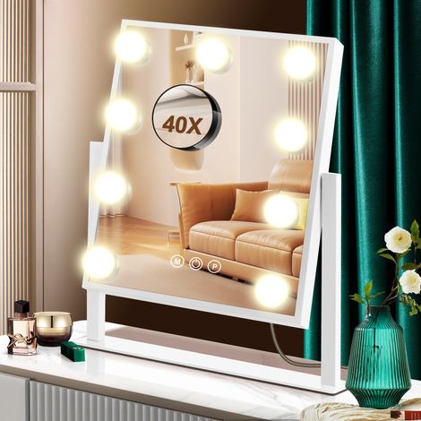 Miroir de maquillage avec éclairage, 30 x 36 cm, miroir hollywoodien, avec 9 LED et 3 modes d'éclairage, miroir de table vanity avec grossissement 40x pour chambre à coucher et coiffeuse (1/5)