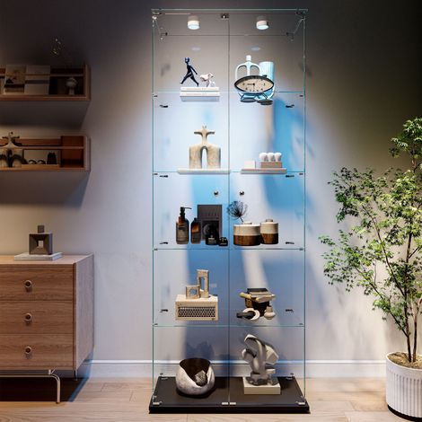 Vitrine en verre trempé 5 niveaux avec éclairage LED – 2 portes – pour salon, chambre à coucher – Dimensions 78.5x34.5x186.5 cm