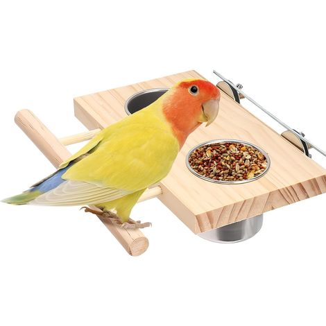 Set of 2 Stainless Steel Bird Bowls with Wooden Perch Parakeets Hanging Feeders Water Dispenser Accessories for Cockatiels