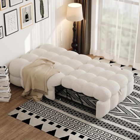 Lit rembourré, repose-pieds 2 en 1, canapé-lit gigogne, lit simple, matelas moelleux, tissu peluche, beige, garantie 2 ans