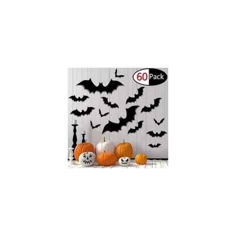 Halloween Bat Stickers Wall Art 3D Decal Halloween Party Supplies Decoration 60 pcs (Black) (1/5)