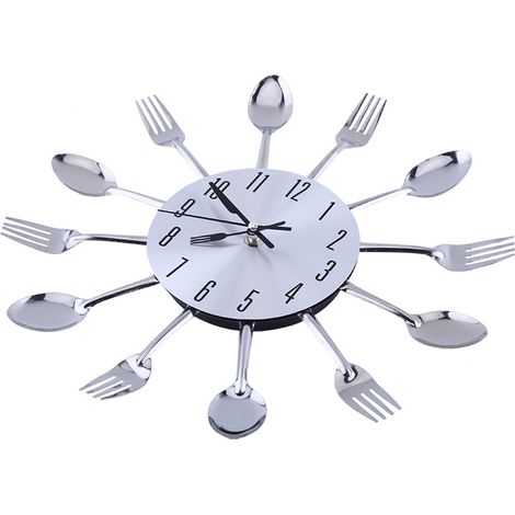 Grande surface miroir 3D, design moderne couleur argent, couverts de cuisine, cuillère, fourchette, horloge murale à faire soi-même (1/5)