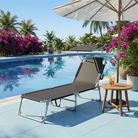 Songmics – Transat pliant extérieur noir – Dossier réglable – Pare-soleil orientable – Tissu respirant et résistant – Structure robuste et antidérapante