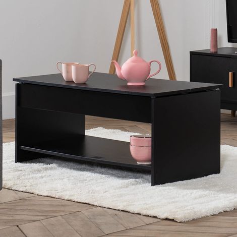Table Basse Moderne avec Plateau relevable Noire Hedda. Table de Salon en Bois avec Rangement. Table rectangulaire avec étagère. (1/5)