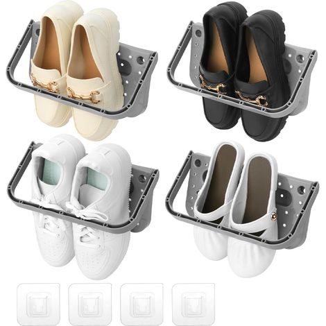 4-teiliges, faltbares Schuhregal zur Wandmontage, grauer Schuhhalter, kein Bohren erforderlich (1/5)