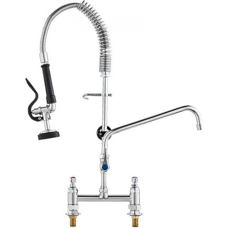 Kommerzielle Küchenarmatur Wasserhahn mit Ausziehbarer Vorspülbrause, 66 cm Höhe, 203 mm Mitte, 305 mm Schwenkauslauf, Messing Küchenspülenarmatur zur Deckmontage, für 1/2/3-Fach-Spüle Silber (1/5)