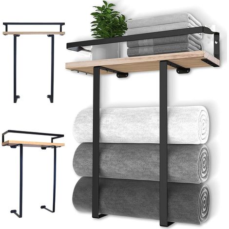 Porte-serviettes mural pour salle de bain, porte-serviettes en métal avec étagère en bois pour serviettes pliées de grande taille, rangement pour serviettes dans une petite salle de bain (1/5)