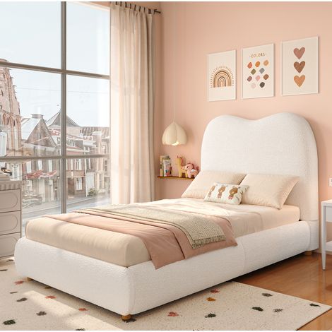 Einzelbett 90x200 cm beige Bouclé mit Stauraum, gepolstertem Kopfteil und Hydraulik (1/5)