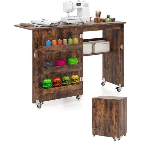 Table de Couture et Bureau Pliable avec 3 étagères, Armoire de Machine à Coudre 2 en 1 pour bobines et roulettes verrouillables, Armoire à Couture en Bois pour Bureau, Salon et Chambre à (1/5)