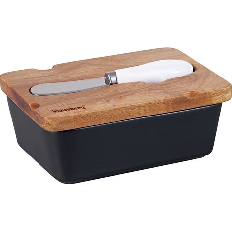 Schwarze Porzellanbutterdose mit Messer, Akaziendeckel, KLAUSBERG KB-7784 (1/5)