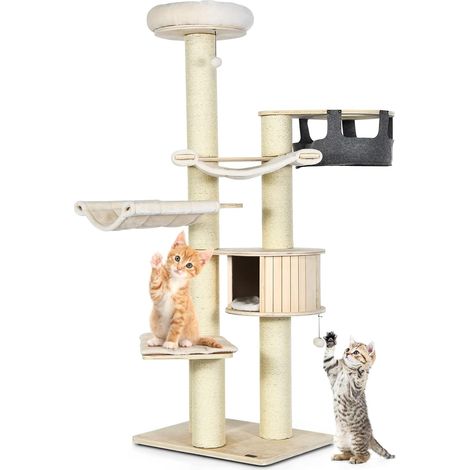 COSTWAY Albero per Gatti 197 CM, Tiragraffi per Gatti a Più Livelli con Nicchia in Legno, Trespolo Superiore, Amache, Cestello Sospeso, Tiragraffi con Pali in Sisal e Palline (1/5)