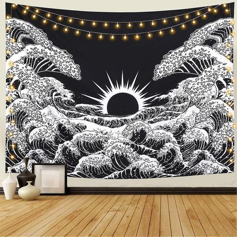 (130 X 150 Cm) Mandala Tapisserie Murale Vagues Gantes Et Coucher De Soleil Tapisserie Noir Et Blanc Ocan Tapisserie Salon Chambre Tapisserie Mura (1/5)