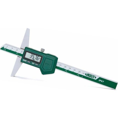 Insize 1149-150 Profundímetro digital Sumergible IP67 0-150mm/6" Alcance 100mm 0.01mm Res. ±0.03mm LCD Pila CR2032 Cero ABS/REL (1/2)