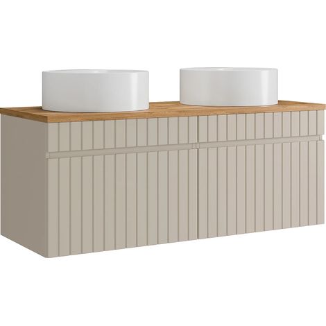 Meuble de salle de bain suspendu strié beige avec vasque à poser ronde - 120 cm - SATARA (1/5)