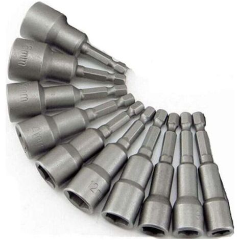 10 x Douille Magnétique pour Visseuse - Adaptateur Embout, Mandrin Pans Carré Hexagonal 6-19mm