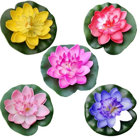 Lot de 5 lotus artificiels avec lily à l'eau, fleurs de lotus flottantes réalistes pour jardin, étang, aquarium, piscine, 10 cm (1/5)