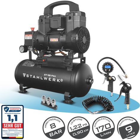 STAHLWERK Kompressor mit 9 L Tank (ST-98 Pro) Vollausstattung – ölfrei & leise, 8 bar Druckluftkompressor mit Brushless-Motoren, 1,22 PS, 0,9 kW, 170 l/min, Flüsterkompressor