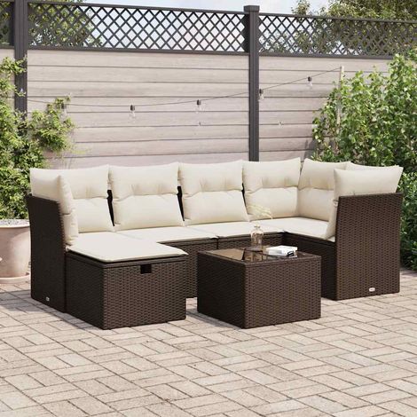Salon de jardin 7 places en résine tressée marron avec table, coussins et rangement intégré, 110kg par siège, modulable, verre trempé (1/5)