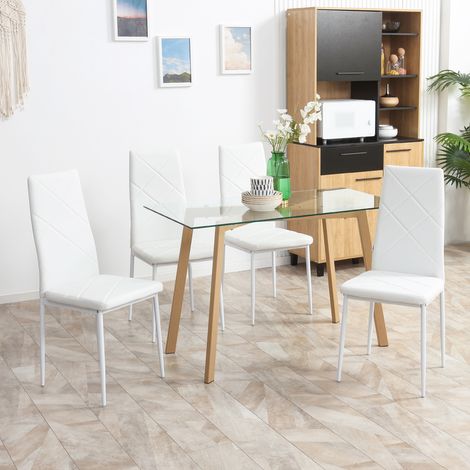 Ensemble de 4 chaises de salle à manger à dossier haut, revêtement synthétique et pieds en acier, blanches (1/5)