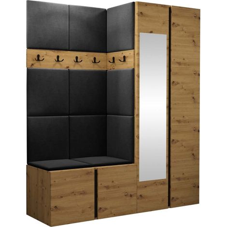 Conjunto para recibidor Pinis X, Roble Artisan, 186x158x46cm, Espejo, Tapiz, Aglomerado laminado, Colocada, Montada en la pared