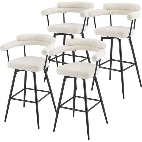 ML-Design Set di 4 Sgabelli da Bar Girevoli 360° in Tessuto Teddy Beige, Altezza 76 cm, Sedili con Braccioli e Schienale Imbottito, Sedie con Poggiapiedi per Cucina e Bistro con Gambe in Metallo