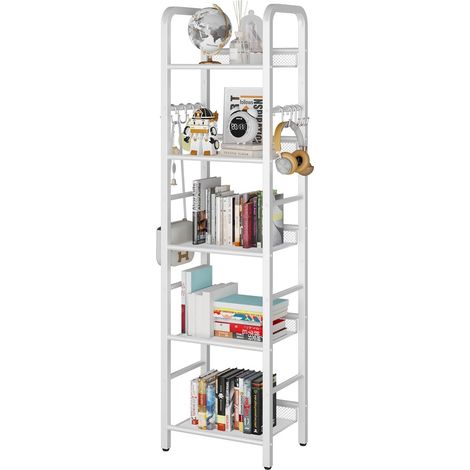 Bibliothèque à 5 Niveaux, Étagère de Rangement, avec Crochet en S de 8 pièces, Cadre en métal, Style Minimaliste, pour Salon, Chambre à Coucher, Bureau, Salle de Bain, Blanc HBC055W (1/5)