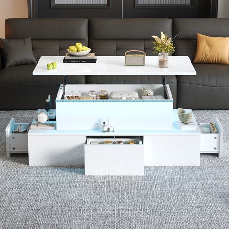 Anhebbarer Couchtisch weiß mit 4 Schubladen, Wohnzimmertisch mit LED und verstecktem Stauraum, 100x50x40 cm (1/5)