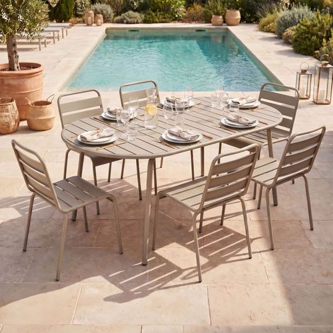 Ensemble table de jardin ovale + 6 chaises en métal taupe - BACA (1/5)