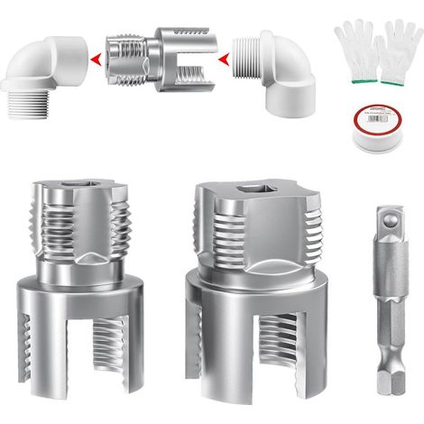 Outil de Filetage pour Tuyaux PVC, pour Tuyaux d\'eau 1/2" et 3/4", Kit de Taraudage pour Tuyaux en PVC 2-en-1, Coupe-Filetage Interne et Externe Intégré, avec Ruban d’étanchéité et Gants (1/5)